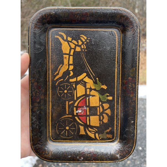 Vintage Hand Painted Toleware Rectangular Diminutive Tray Tip Snack Black Gold - Picture 4 of 16